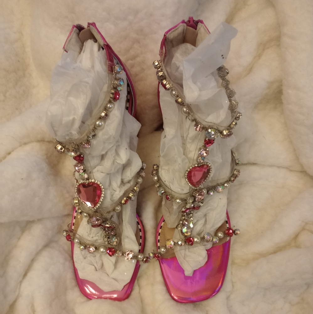 Betsey Johnson Astrid Pink Jeweled T-Strap Block Heel Sandals - Picture 3 of 10